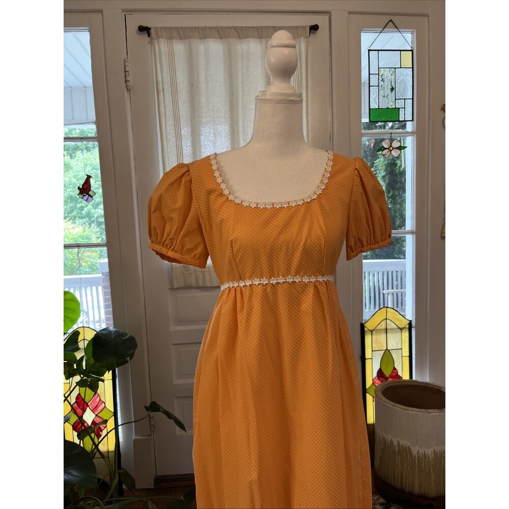 Vintage S 1960s 70s Handmade Apricot Bridesmaid Dress Polka Dot Daisy Retro Maxi - Picture 4 of 12